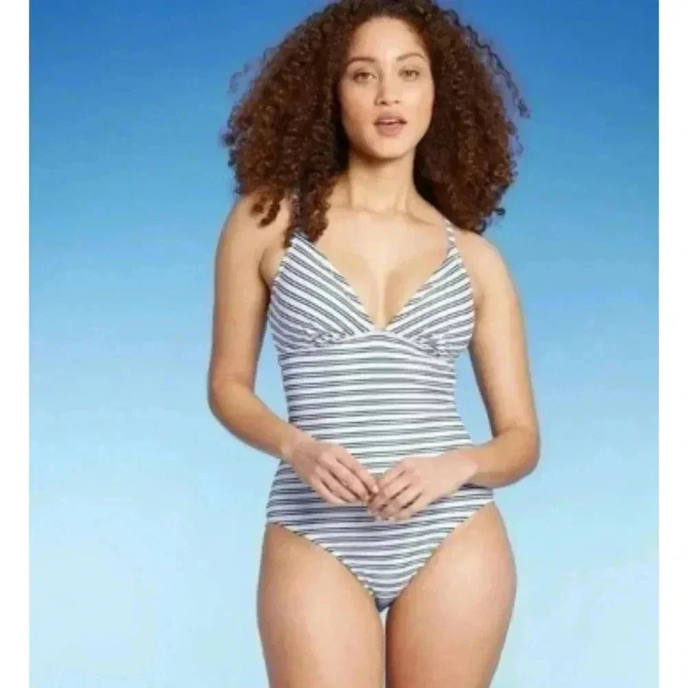 Kona Sol Womens Navy Blue White Striped V-Neck One Piece Swimsuit Size S